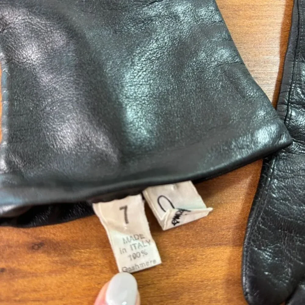 Vintage Atkins Black Leather Gloves 100% Cashmere Lined Italy Size 7